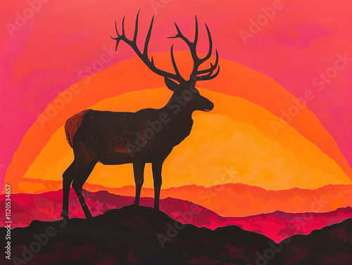 A bold silhouette of a deer with sprawling antlers, framed by the glowing orange and pink hues of dawn