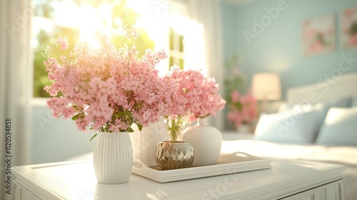 Sunlit bedroom with pink flowers in vases on a tray.