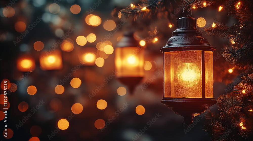 christmas lantern on a fir tree closeup with space for text christmas lantern on a fir tree closeup with space for text