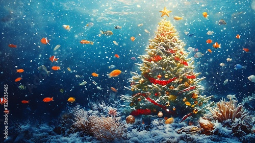 Whimsical underwater scene with a decorated Christmas tree surrounded by fish, amidst falling snow against a deep blue background.