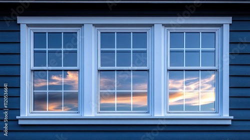 Sunset reflected in three windows.