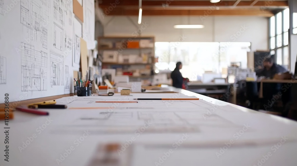 A medium-angle view of an architectural blueprint spread on a desk, featuring drafting tools like a compass and ruler in a creative workspace A medium-angle view of an architectural blueprint spread on a desk, featuring drafting tools like a compass and ruler in a creative workspace