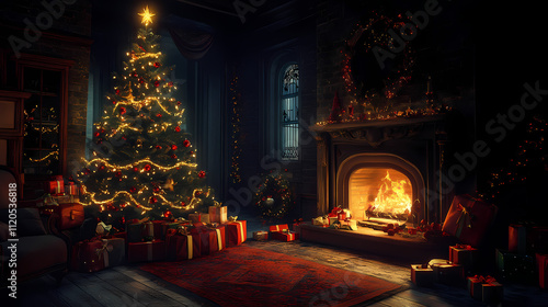 Magical Holiday Atmosphere: A Christmas Tree Glows Brightly by the Fireplace, Surrounded by Gifts in a Dimly Lit Room