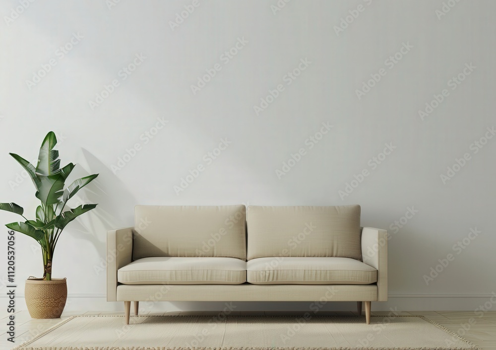 Minimalist living room interior with a beige sofa. a potted plant. and a rug on a white wall Minimalist living room interior with a beige sofa. a potted plant. and a rug on a white wall