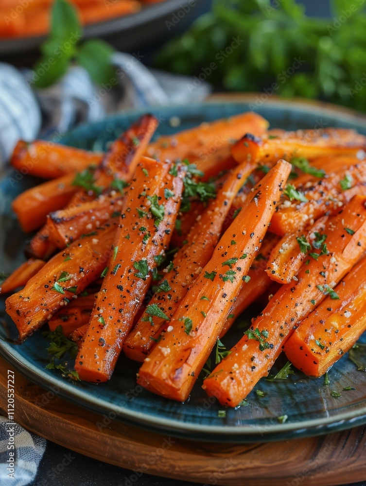 Carrot sticks seasoned with herbs are arranged on a blue plate. Concept of healthy, delicious food. For food blogs or cooking websites. Carrot sticks seasoned with herbs are arranged on a blue plate. Concept of healthy, delicious food. For food blogs or cooking websites.