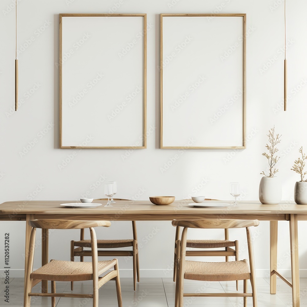Minimalist dining room interior with two empty picture frames hanging above a wooden table with four chairs. a bowl. plates and glasses Minimalist dining room interior with two empty picture frames hanging above a wooden table with four chairs. a bowl. plates and glasses
