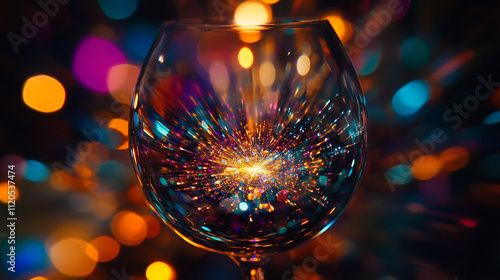 Focused view of a sparkling fireworks display reflected in a wine glass.