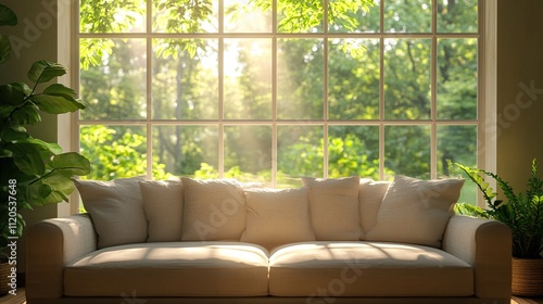 Sunlit living room with comfortable sofa, large window overlooking lush greenery.