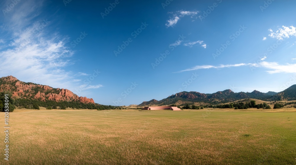 Fototapeta premium Spectacular outdoor amphitheater nestled among vibrant red rocks, with a few clouds contrasting against the bright blue sky, showcasing natural beauty and tranquility