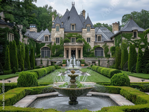 A classic European castle surrounded by well-manicured gardens and fountains