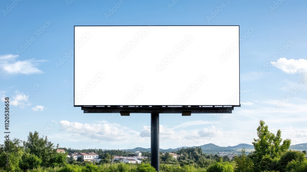 Obraz premium Blank billboard in an open landscape under a blue sky.