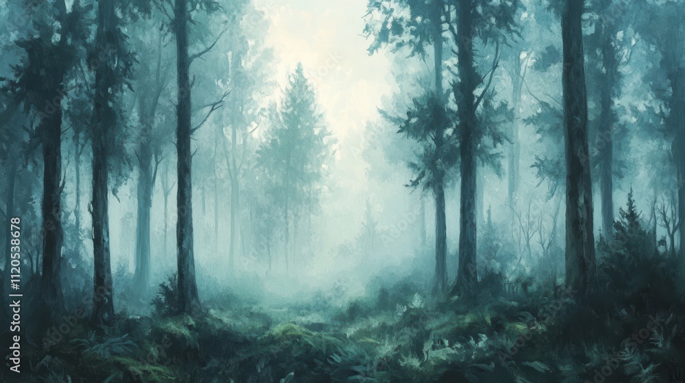 Fototapeta premium Mysterious fog covering forest floor in a pine tree woods