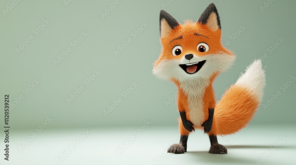 A Happy Cartoon Fox Stands Against A Green Background A Happy Cartoon Fox Stands Against A Green Background