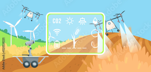 Smart farm with drones, robots, and wind turbines on a sunny field. Futuristic technology aiding agriculture. Vector illustration