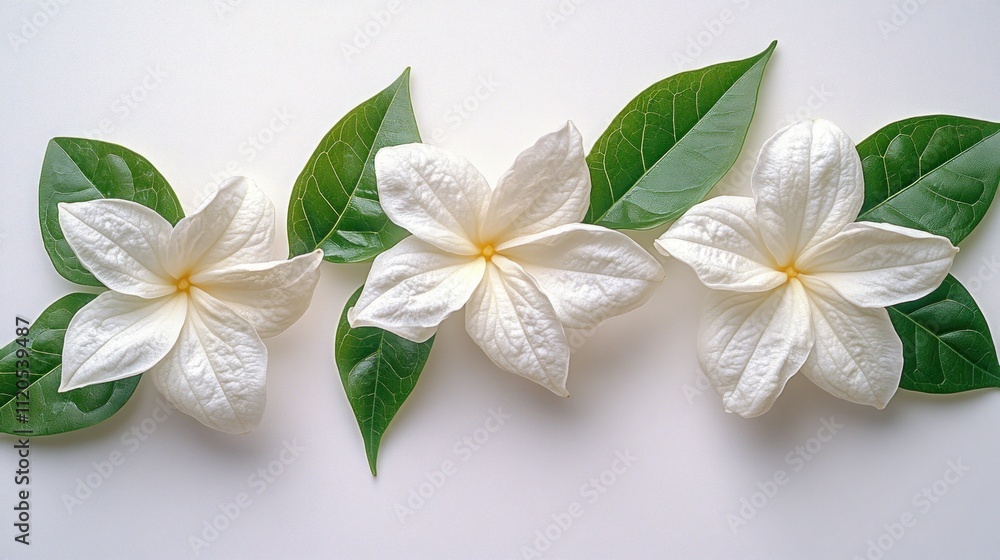 Naklejka premium Three white flowers with green leaves arranged on a white background.
