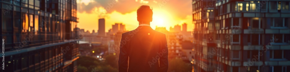 A man in a suit stands between two tall buildings, observing the sunset. Concept of reflection, ambition, and future possibilities. For business inspiration A man in a suit stands between two tall buildings, observing the sunset. Concept of reflection, ambition, and future possibilities. For business inspiration