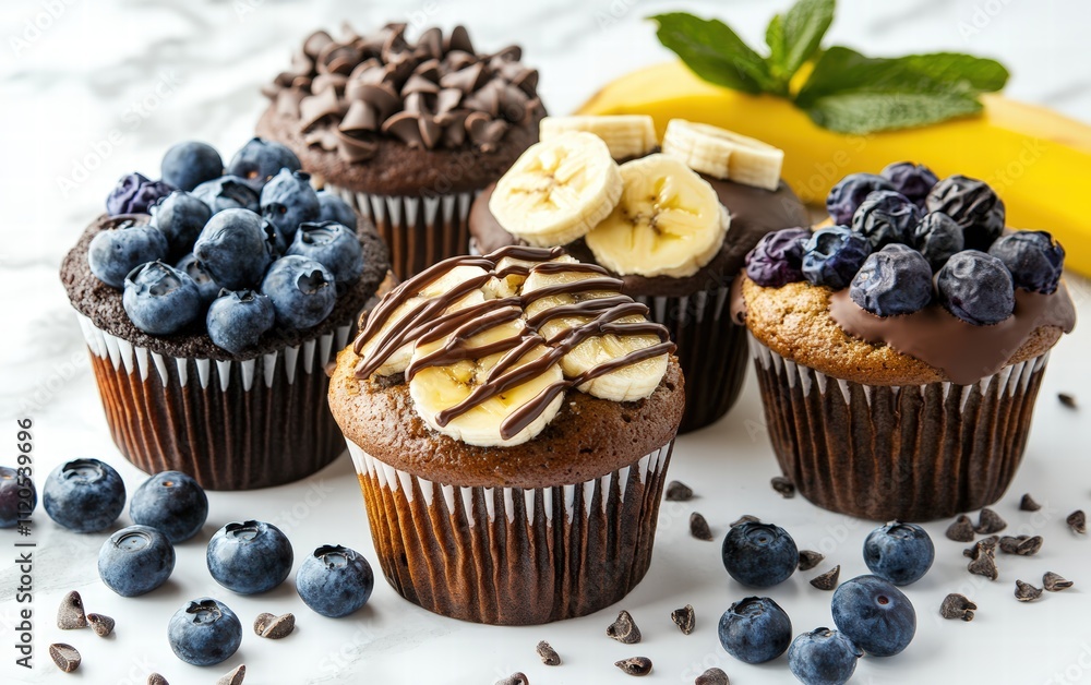 Assorted muffins with chocolate, blueberry, and banana flavors on white background Assorted muffins with chocolate, blueberry, and banana flavors on white background