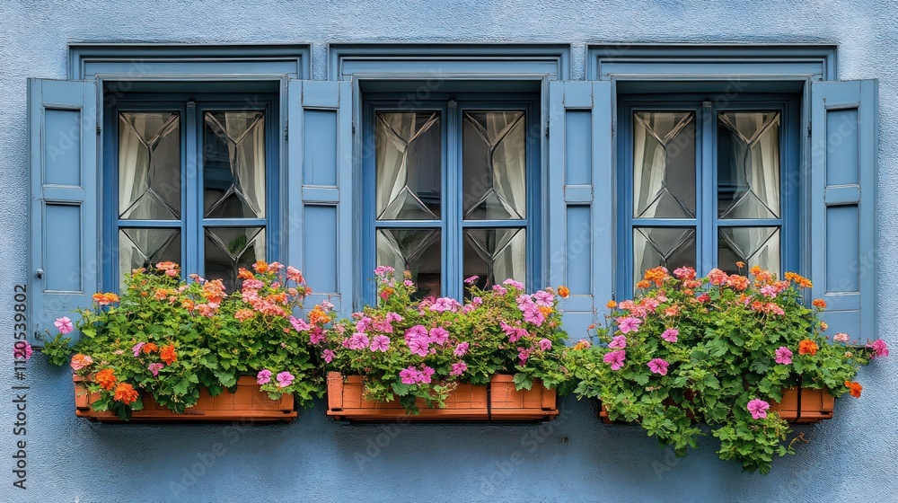 Fototapeta premium Three windows with flowers.