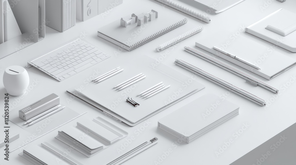 White Office Supplies Arranged On A White Surface White Office Supplies Arranged On A White Surface