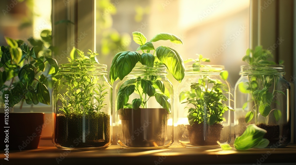 Several glass jars containing a vibrant collection of basil and thyme are displayed near a window, soaking in the golden glow of indoor sunlight, symbolizing urban gardening. Several glass jars containing a vibrant collection of basil and thyme are displayed near a window, soaking in the golden glow of indoor sunlight, symbolizing urban gardening.