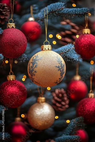 A beautifully decorated Christmas tree adorned with various ornaments, including shimmering baubles and rustic pine cones, creating a festive atmosphere.