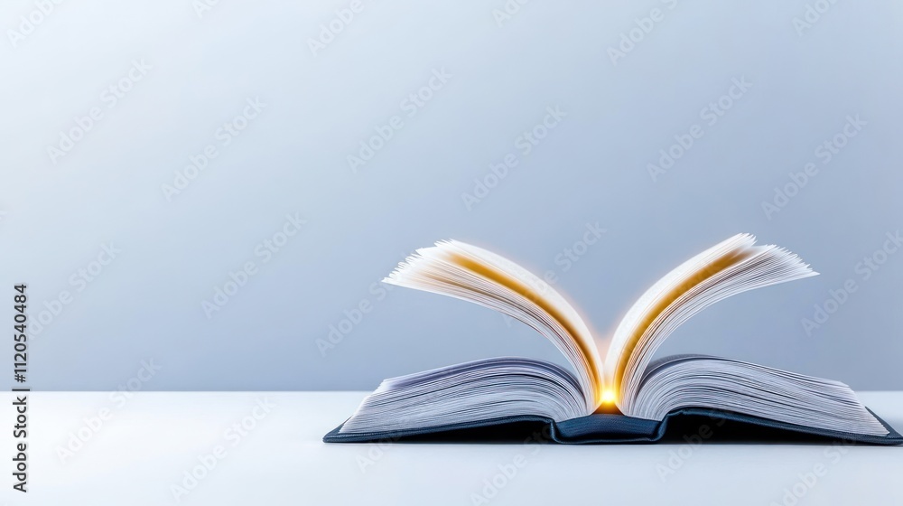 An open book with pages fanned out on a minimalistic background.