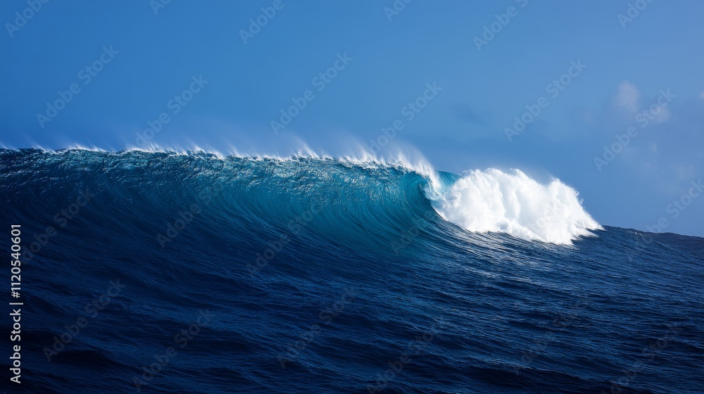 Turquoise wave rolls toward sandy beach, creating striking foam patterns against deep blue ocean. Clear skies accentuate this stunning coastal scene Turquoise wave rolls toward sandy beach, creating striking foam patterns against deep blue ocean. Clear skies accentuate this stunning coastal scene