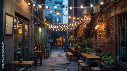 A cozy urban alley transformed into a vibrant cafe setting with string lights and small tables