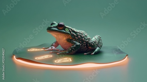 Green Frog Rests on Illuminated Lily Pad photo