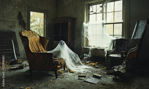 Abandoned Haunted Room with Ghostly Figures, Dusty Furniture, and Cobwebs in a Dimly Lit Setting, Perfect for Halloween or Eerie Atmosphere Themes photo