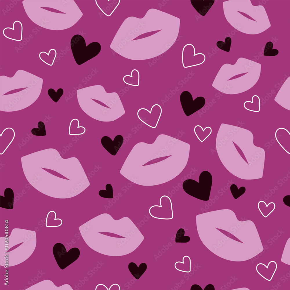 Seamless pattern with hearts and kiss. Seamless pattern with hearts and kiss.