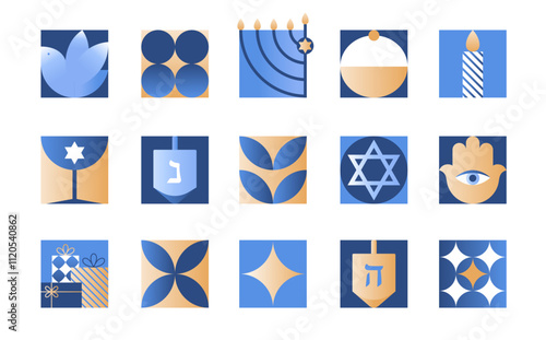 Vector Hanukkah symbols set.Festive emblems with menorah,dove,latkes,dreidel,David star ,gifts in blue,gold and white colors.Jewish festival of lights icons for prints,covers,invitations,social media.