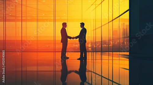 Two businessmen shaking hands in a modern office at sunset.