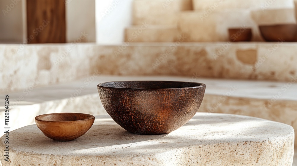 Two wooden bowls on a stone table. Two wooden bowls on a stone table.