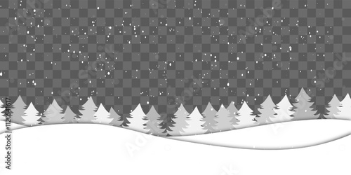 snow seamless border. A lot of snowflakes randomly fall above, snowdrifts and fir trees from below. isolated on a checkered background. vector element for background, cards, greetings, header website