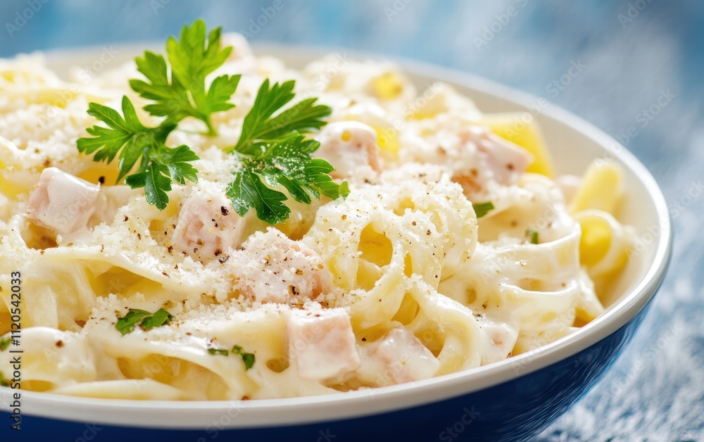 Creamy pasta carbonara with parmesan and parsley on a cobalt blue studio backdrop Creamy pasta carbonara with parmesan and parsley on a cobalt blue studio backdrop