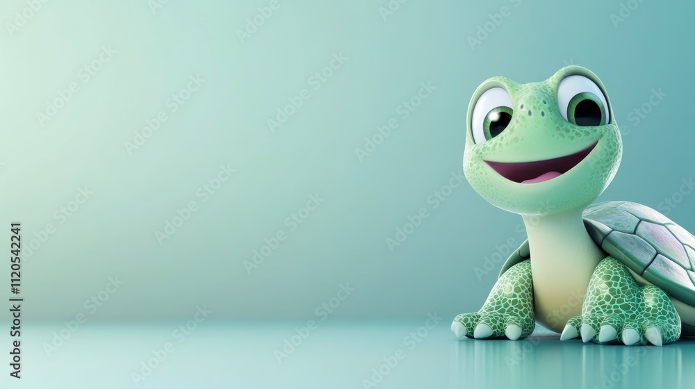 Happy Cartoon Turtle on Teal Background Happy Cartoon Turtle on Teal Background