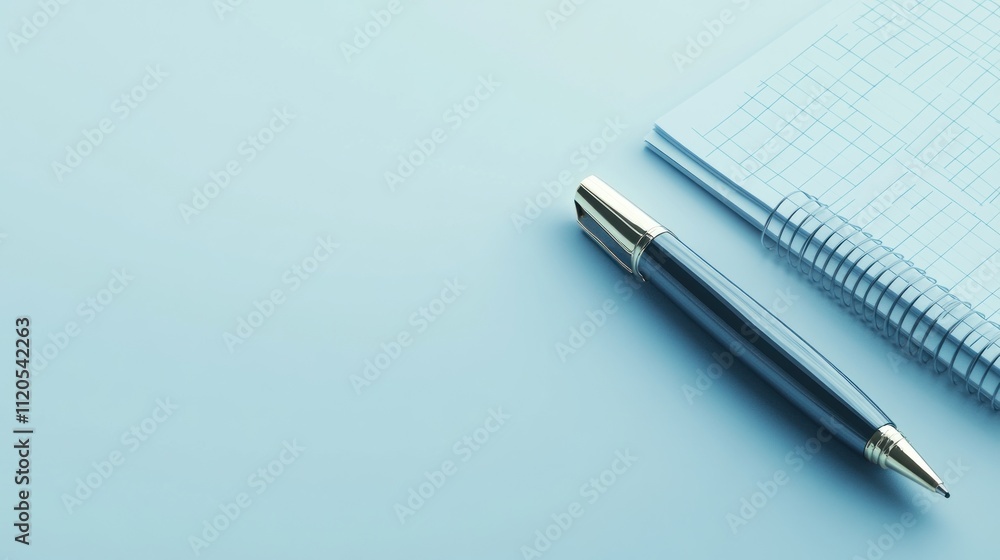 Elegant Pen and Spiral Notebook on Blue Background Elegant Pen and Spiral Notebook on Blue Background