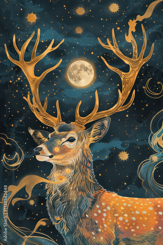 A deer adorned with golden antlers, framed by a celestial background of stars and a glowing moon A deer adorned with golden antlers, framed by a celestial background of stars and a glowing moon