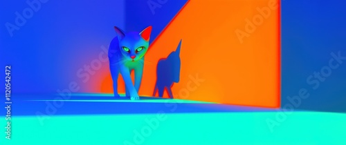 Minimalist graphical illustration of a cat bathed in vivid blue, orange, and neon lighting, with bold graphics and dramatic contrasting shadows.