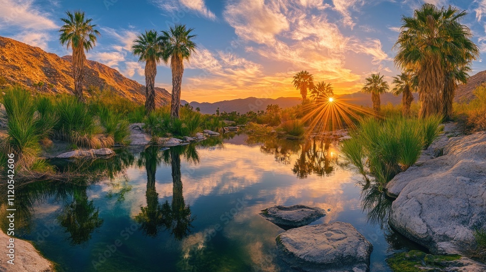 Palm Trees Reflecting in Calm Oasis Sunset Palm Trees Reflecting in Calm Oasis Sunset