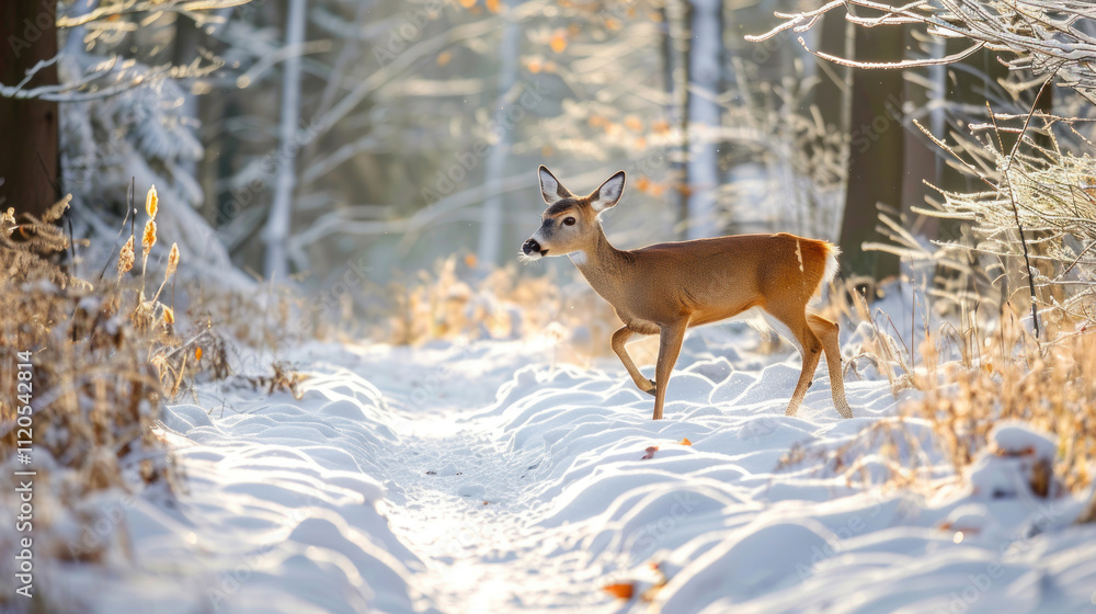 A deer captured mid-step in a snowy forest path, with subtle light creating a magical winter atmosphere A deer captured mid-step in a snowy forest path, with subtle light creating a magical winter atmosphere