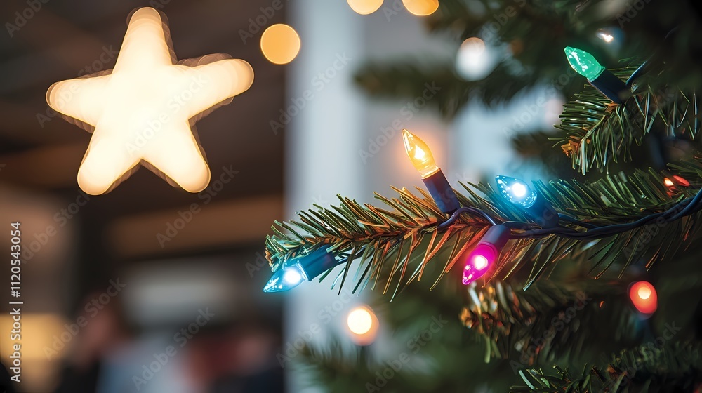 Colorful Christmas lights illuminate a festive fir tree branch, with a star bokeh in the background. Colorful Christmas lights illuminate a festive fir tree branch, with a star bokeh in the background.