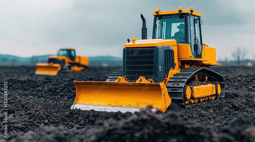 Powerful Bulldozers Grading Earth at Construction Site Powerful Bulldozers Grading Earth at Construction Site