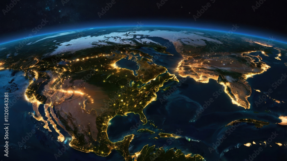 Fototapeta premium Vista satelital de América del Norte durante la noche con líneas de conexión global y puntos iluminados 