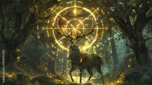 A deer depicted as a divine creature in mythology, with glowing golden antlers and surrounded by ancient runes in a dark forest photo