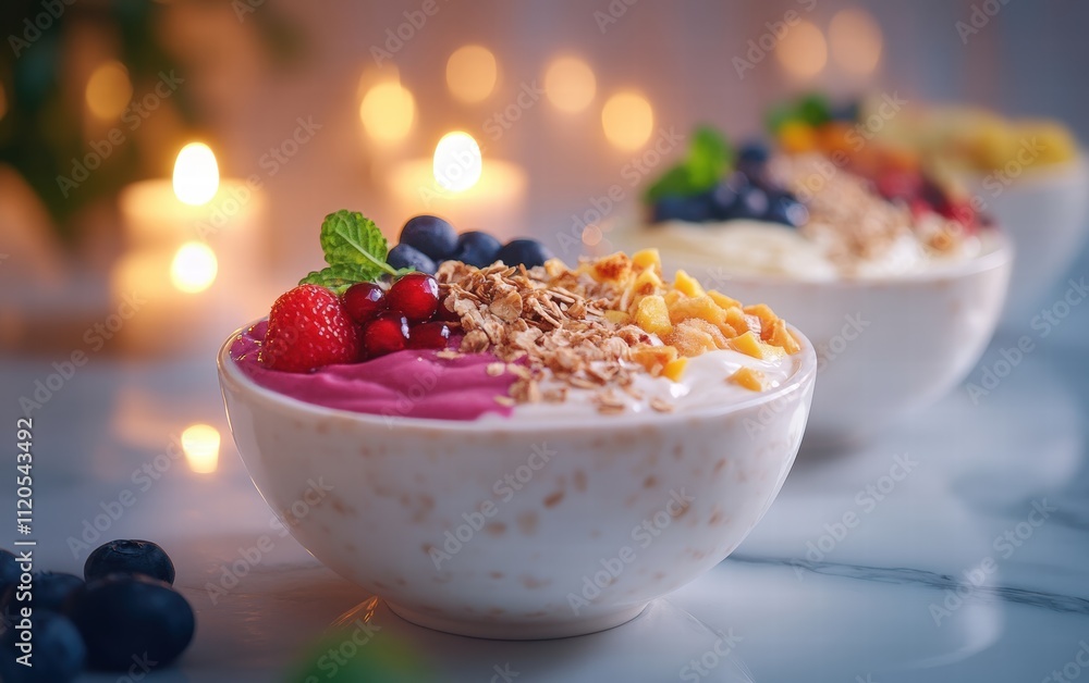 Elegant yogurt bowls with vivid toppings floating over a luxurious marble table with soft candlelight in the background Elegant yogurt bowls with vivid toppings floating over a luxurious marble table with soft candlelight in the background
