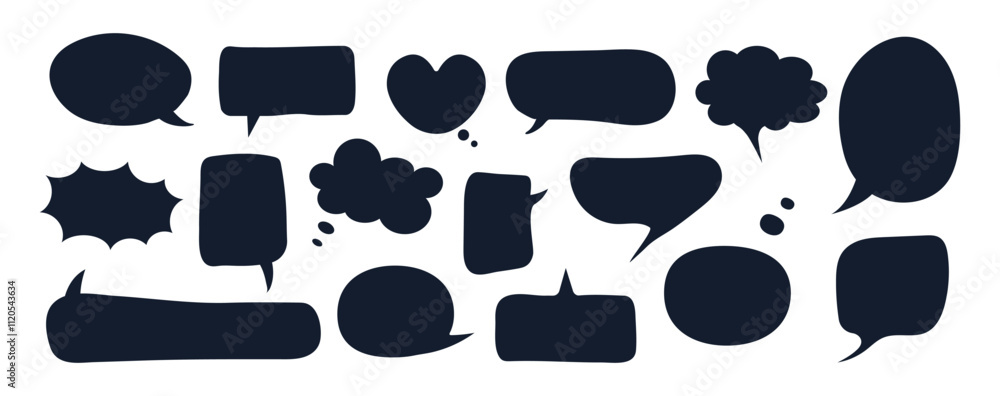 Fototapeta premium Hand drawn speech bubbles set. Text boxes silhouettes doodle style.