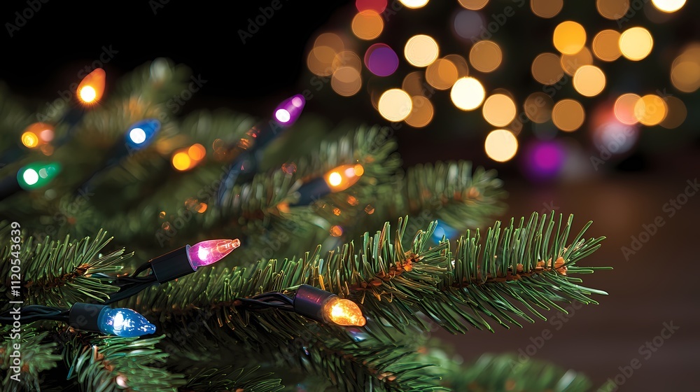 Colorful LED lights on a Christmas tree branch with bokeh background. Colorful LED lights on a Christmas tree branch with bokeh background.