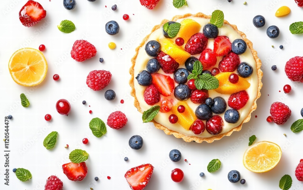 Fruit tart with glossy fresh berries and custard on white background Fruit tart with glossy fresh berries and custard on white background